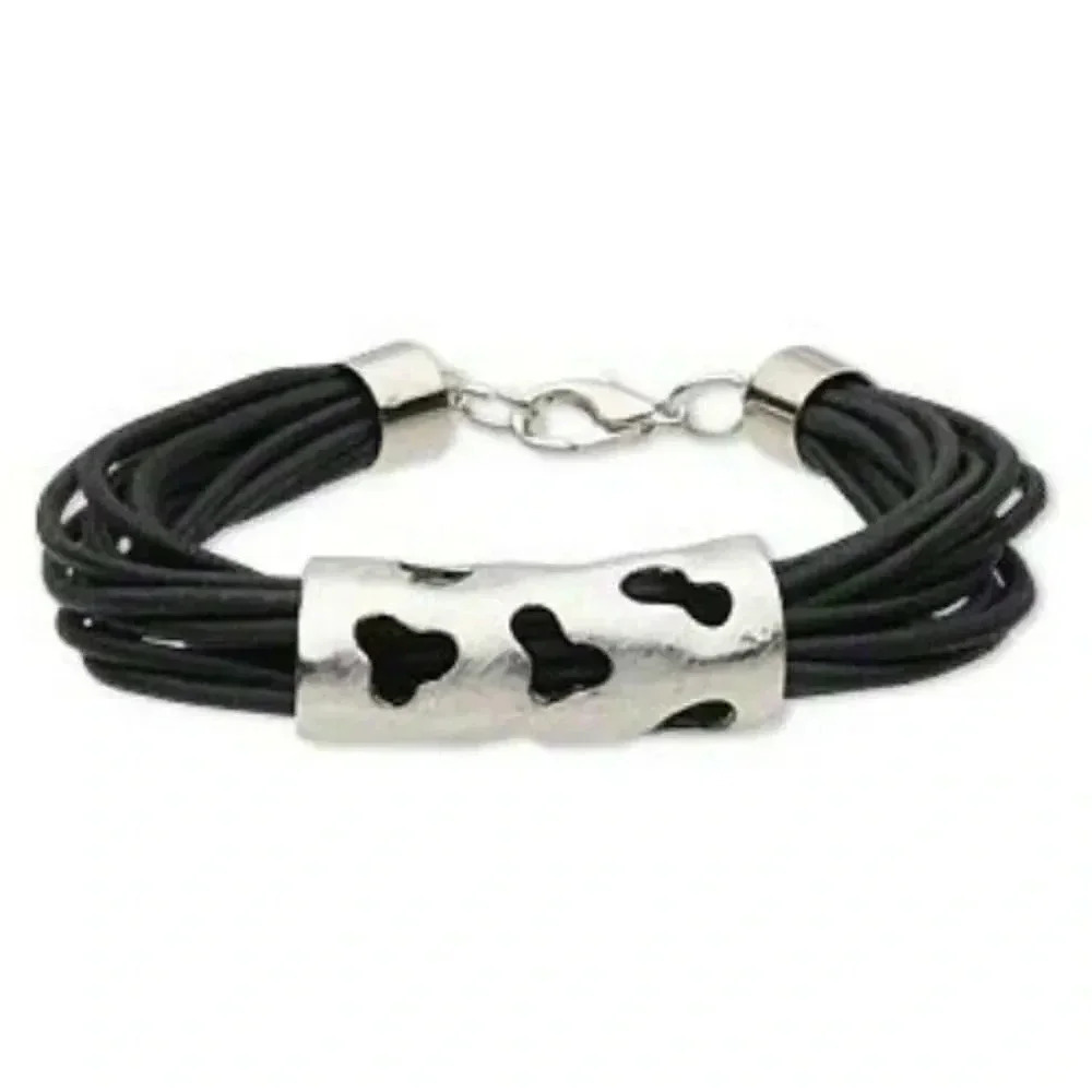 Modern Art Designer Statement Bracelet Silver Cutout Pendant on Black Cotton
